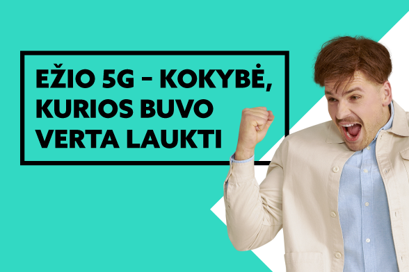 Ežio 5G ryšio baneris su besidžiaugiančiu vaikinu